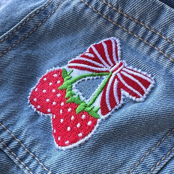 Levi's Customized Blue Overalls with Hand-sewn Red and White Strawberry Details - Picture 14 of 16